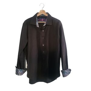 ROBERT GRAHAM Black Shirt with Paisley Accents Textured fabric Size XL